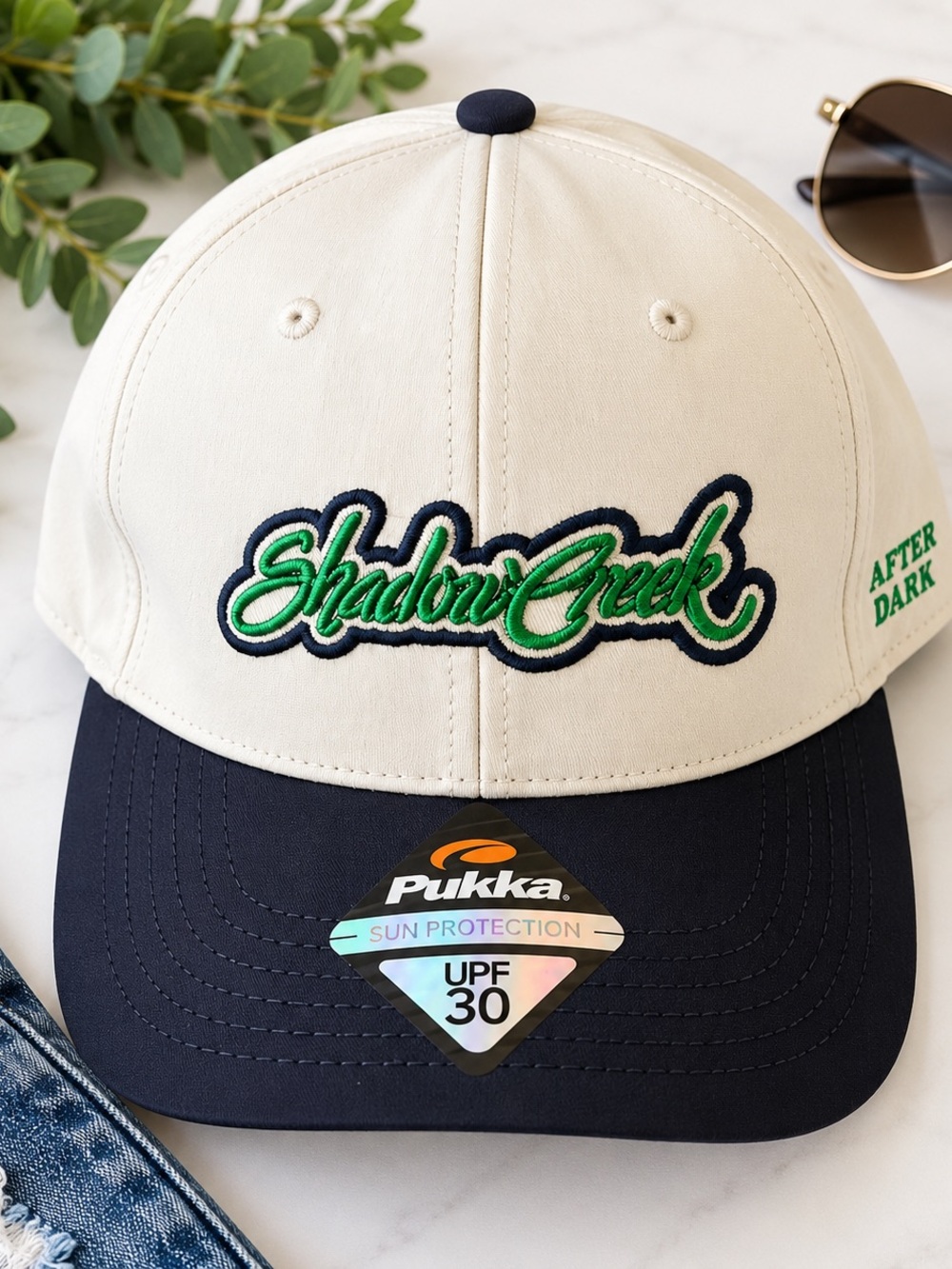 Pukka Shallow Creek After Dark UPF 30 Snapback Golf Hat White Navy Green